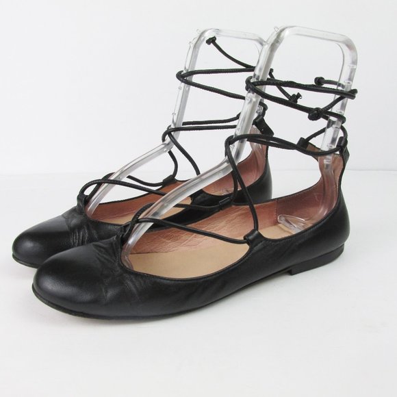 French Sole Shoes - FS/NY French Sole Leather Ankle Wrap Ballet Flats